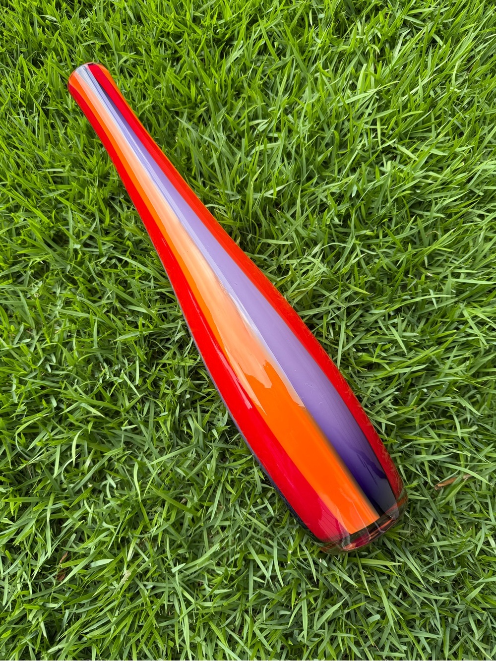 Stunning Murano Style 17 inch Art Glass Vase in Purple, Orange, Red Tones